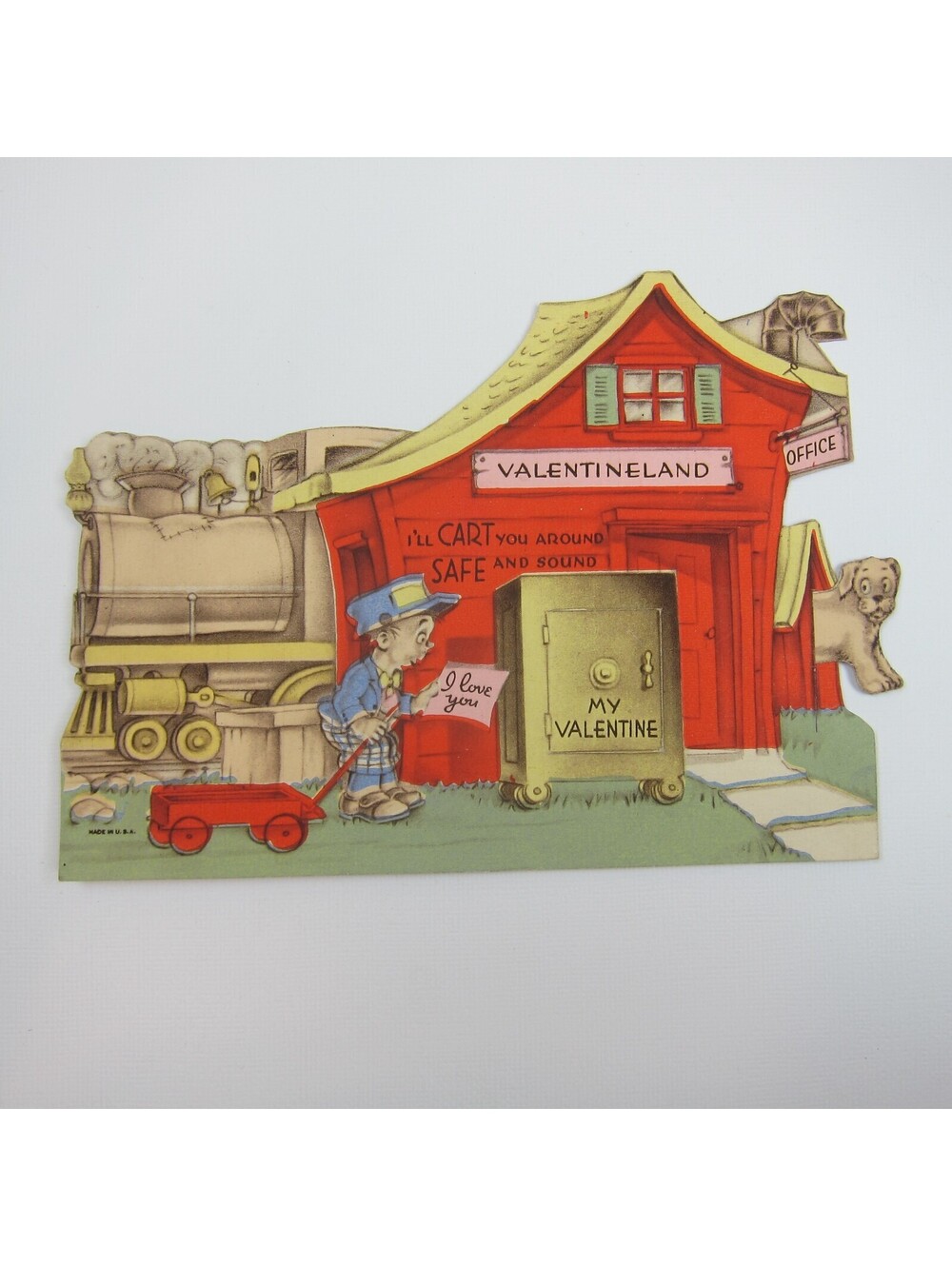 Vintage Valentine Card Mechanical Train Dog Moves Door Opens to Girl in Pink XL